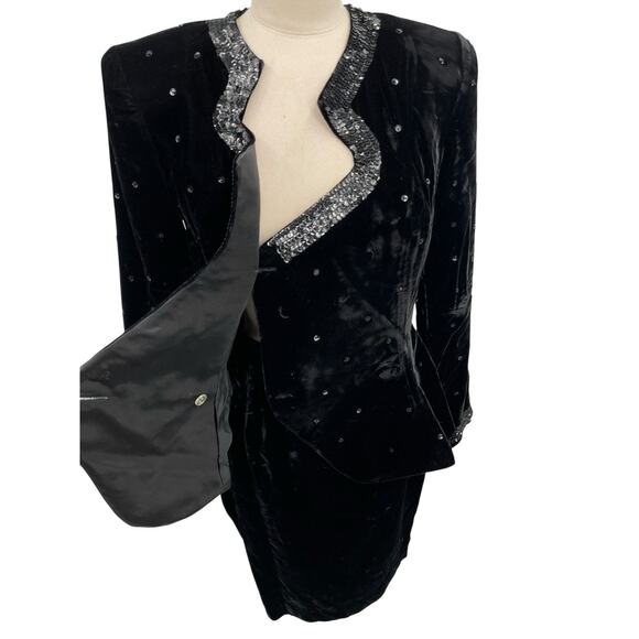 Vintage Magali Collection Black Velvet Sequin Skirt Suit Jacket Size 4 - Picture 10 of 15